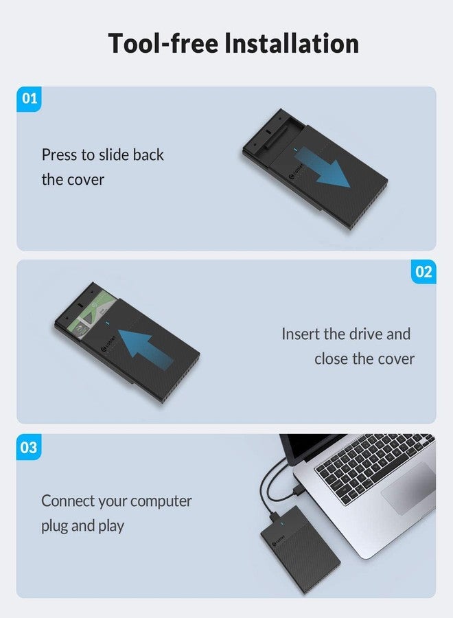 Cablet علبة خارجية محمولة من Cablet، تدعم محركات الأقراص الصلبة/محركات الحالة الصلبة (HDD/SSD) مقاس 2.5 بوصة بتقنية SATA وUSB 3.0، متوافقة مع مقاسات 7 مم و9.5 مم، تصميم سهل التركيب بدون أدوات، تدعم بروتوكول UASP بسعة قصوى تصل إلى 6 تيرابايت - Image 3